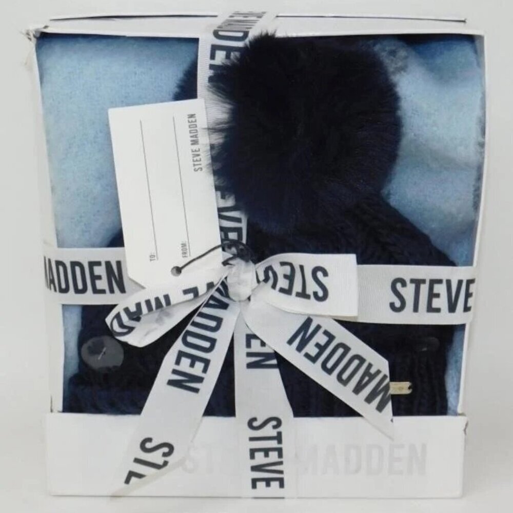 Steve Madden Women's 2-Pc. Pom Beanie & Pop Color Lofty Scarf Set Blue NWT